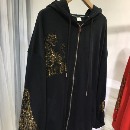 Vibrant Tiger Rhinestones Zip Up Plus Size Hoodies for Women Men Winter Autumn Luxury Big Size Hooded Sweatshirt with Zipper