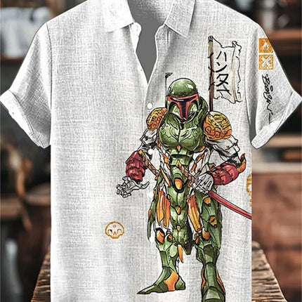 Men's short-sleeved shirt, stylish fighter jet print, breathable casual top, trendy retro pattern, personalized Hawaiian shirt.