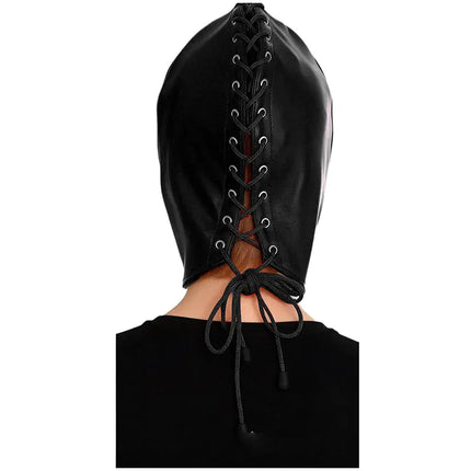 Leather Mask Full Face Double Layer Headgear Zip Head Hood Adjustable Lace-up Leather Bondage Masks Halloween Cosplay Party Mask