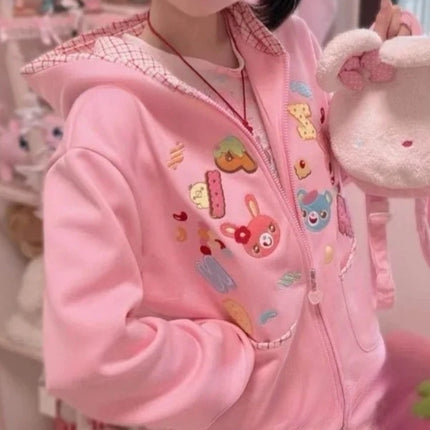 Y2k Harajuku Sweet Girls Pink Hoodies Japanese Kawaii Cartoon Print Long Sleeve Hooded Zipper Coats Women Cute 2000s Chic Jacket