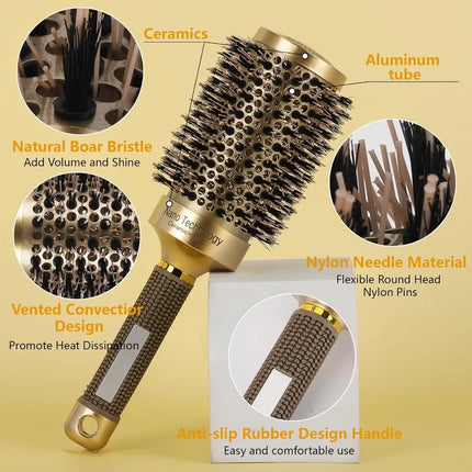 3 Pcs Boar Bristle Round Brush for Blow Drying, Nano Thermal Ceramic and Ionic Tech for Curling and Straightening, Large Medium Small