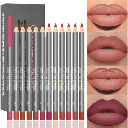 12pcs Velvet Matte Lip Liner Set - Long-Lasting Versatile Shades Longlasting Lip Makeup Berry, Brown, Pink Lip Pencil