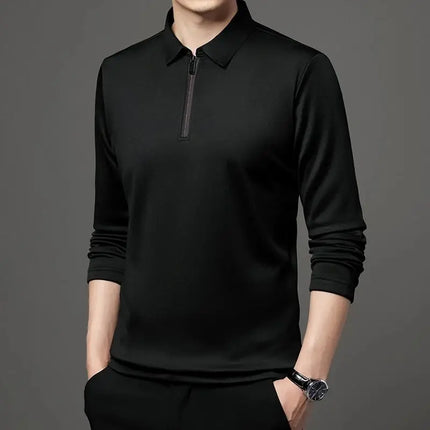 Spring and Autumn Men's Collared Polo Shirt Casual Long-Sleeved Men's Solid Color Top Fashionable Streetwear Zipper Collar Men's