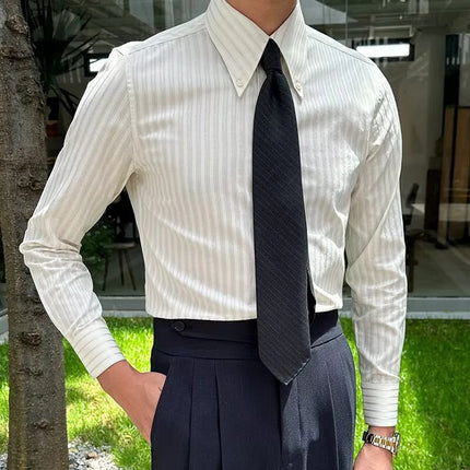 2026 Spring Fall Daily Casual Mens Slim Shirts Long Sleeve Turn-down Collar Button Shirt Top Men Fashion Striped Texture Shirt