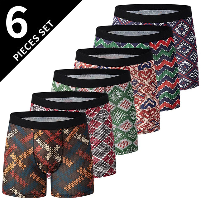 6Pcs Men's Fashion Printing Long Boxer Underwear Comfortable Plus Size Sexy Shorts Teenagers Multicolor Combination Uunderwear