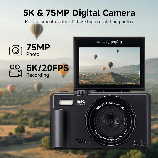 75MP Digital Camera 18X Digital Zoom 180° Flip Screen for Photography 5K Vintage Vlog Video Recorder for YouTube Selfile WiFi