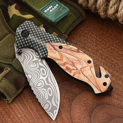 Outdoor Folding Knife Camping Survival High Hardness Stainless Steel Portable Multi-Purpose Damascus Pattern Pocket Knife