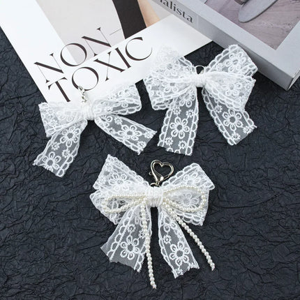 Korean Cute Lace Bow Pearl Beaded Phone Pendant Chain Accessories Aesthetic Ballet Shoes Camera Bag Decoration Keychain Gift