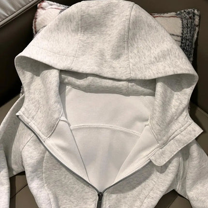American Grey Shoulder Slim Fit Hoodie Coat For Women Spring Autumn Wear New Collection Hoodie Zipper Style Grey Jacket Top