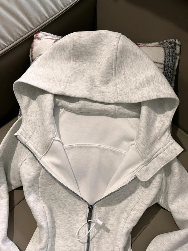 American Grey Shoulder Slim Fit Hoodie Coat For Women Spring Autumn Wear New Collection Hoodie Zipper Style Grey Jacket Top