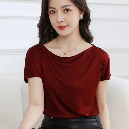 Summer women's short sleeved acetate fabric high-end knitted women's T-shirt thin European style hot selling women's T-shirt