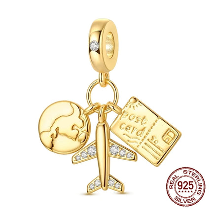 925 Sterling Silver Gold Travel-Themed Globe Airplane Postcard Pendant Charm Fit Original Charm Bracelets Women DIY Jewelry Gift
