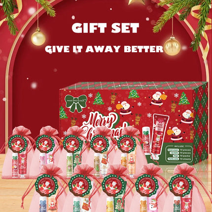 Christmas kit-10 sets/box hand cream kit, lip balm set, with Santa Card and red gift bag, party gift distribution