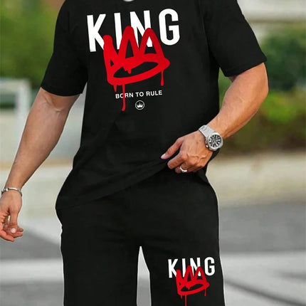 New Men's Short Sleeve Shorts Set Fashion King Printed T-Shirt Shorts 2 Sets of Casual Round Neck Jumper Breathable Sportswear
