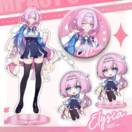 Game Honkai Impact 3 Alloy Brooch Badge Keychain Stand Cartoon Elysia Kiana Keyring Pendant Clothing Bag Decoration Gift Kid Toy