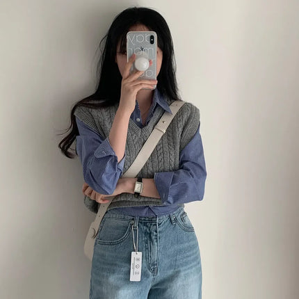 Spring High Waist Slim Fit Striped Shirt Women's Button up Polo Collar Cotton Polyester Blend Fashionable Korean Style