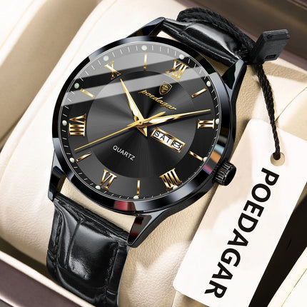 POEDAGAR Classic Luxury Men's Wristwatch Date Week Leather Business Man Watch Waterproof Luminous Fashion Quartz Watches For Men