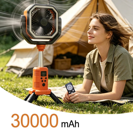 30000mAh Portable Camping Fan Light 4-Gear Wind Speed Outdoor Tripod Stand, with 3 Brightness LED Lights USB Charging Desk Fan