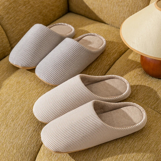 Simple Striped Home Slippers Men's Spring and Autumn Indoor Wooden Floor Bedroom Silent Comfortable Japanese Style Home Shoes