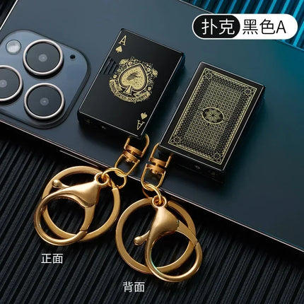 Metal Poker Keychain Pendant Inflatable Lighter Mini Compact Side Slip Butane Open Fire Outdoor Portable Lighter Men's Gift