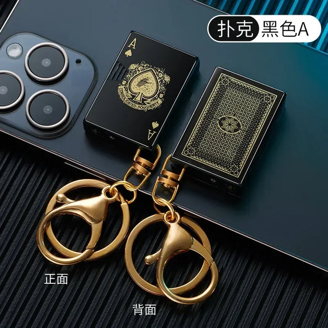 Metal Poker Keychain Pendant Inflatable Lighter Mini Compact Side Slip Butane Open Fire Outdoor Portable Lighter Men's Gift