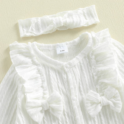 Baby Girl Footed Romper Duck Solid Color Bow Ruffled Long Sleeve Round Neck Jumpsuit with Bow Headband