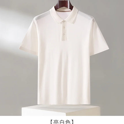 100% Lyocell men's T-shirt casual solid color knitted pullover short sleeved loose POLO collar Tees Pull on vest Tops