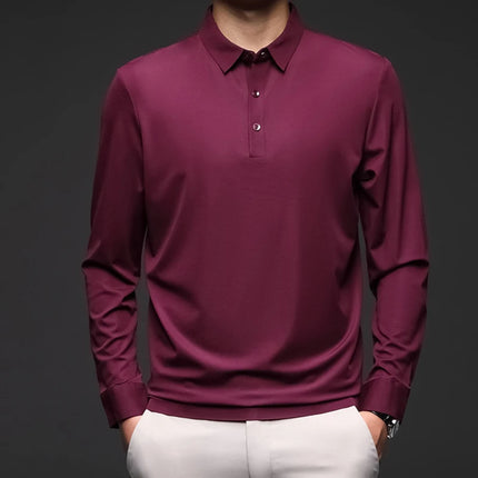 Minglu Mulberry Silk Men's Polo Shirts Luxury Long Sleeve Solid Color Golf Male T-shirts Spring Autumn Business Casual Man Tees