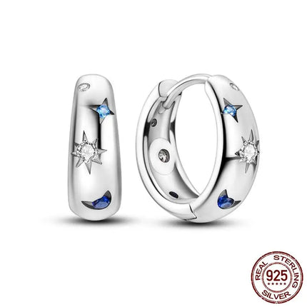 Luminous Shell Women Earrings Original 925 Sterling Silver Pave CZ Star Moon Hoop Earrings Engagement Wedding Jewelry