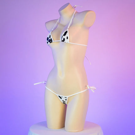 Cute Milk Cow Printing Patent Leather Bikini Set Cow Cosplay Costume Women Sexy Bandage Swimsuit Lolita Underwear Bra Panty Suit