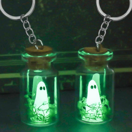 Luminous Ghost Keychain Halloween Tiny Glow Drifting Bottle Adopt Ghost Keyring Creative Design Green Spectre Jewelry Gift