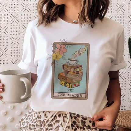 Books Cats Tarot Vintage Tee Fashion T-shirts New Women Summer Tshirt Top Lady Print Female Clothes Short Sleeve Graphic T-Shirt