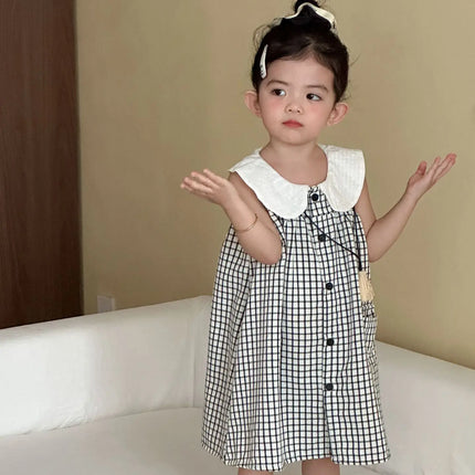 RAISE 2026 Summer Children Outfit Muslin Peter Pan Collar Kids Girls Sleeveless Dress Thin Plaid Tank Top Vest+loose Shorts Suit