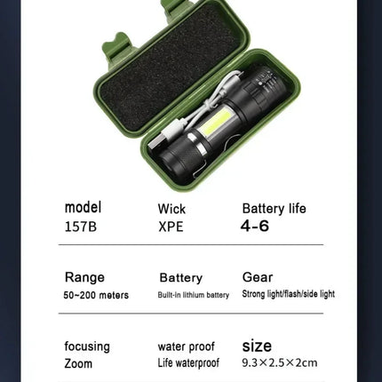 Portable LED+COB Rechargeable Compact Telescopic Zoom Tactical Flashlight With Clip Outdoor Emergency ABS Torch Waterproot