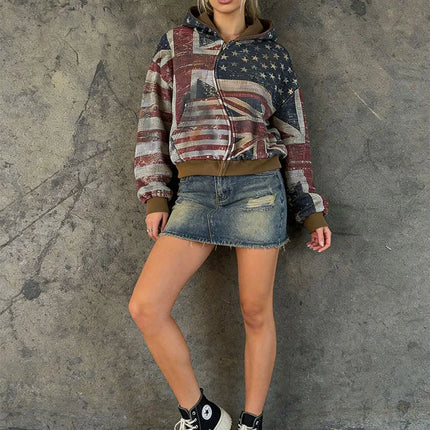 2026 New Women's Zipper Hoodie Retro Flag Printed Hoodie Sportswear Casual Street Wear Y2K Long Sleeve Top