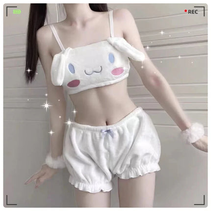 Sanrio Anime Kawaii Cartoon Winter Mymelody Kuromi Sweet Pajamas Comfortable Velvet Underwear Set Suspenders Tube Top Girls