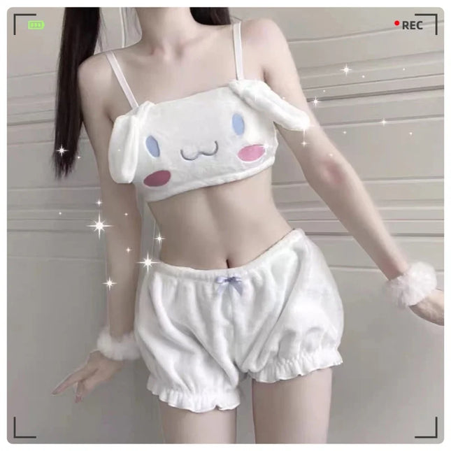 Sanrio Anime Kawaii Cartoon Winter Mymelody Kuromi Sweet Pajamas Comfortable Velvet Underwear Set Suspenders Tube Top Girls