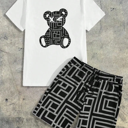 2026 Summer Men's Short-Sleeved Shorts Set with Bear Print Breathable Lightweight Casual Fashionable Outdoor Men's Clothing