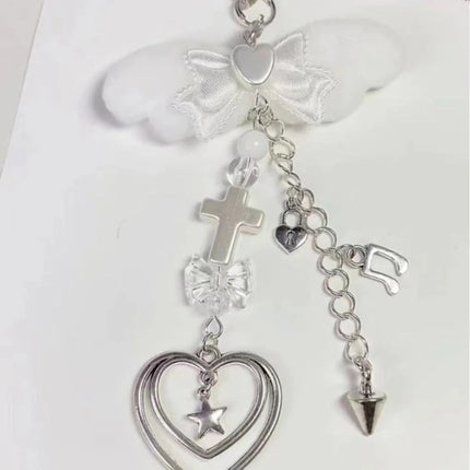 Sweet Bowknot Pendant Phone Chain Rope Wing Keychain Handmade Cellphone Strap Lanyard Acrylic Keyring Bag Ornament