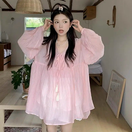 Korean Version V-neck Long Sleeved Shirt for Women's Spring 2024 New Loose Medium Long Sun Protection Shirt Top Two-piece Set