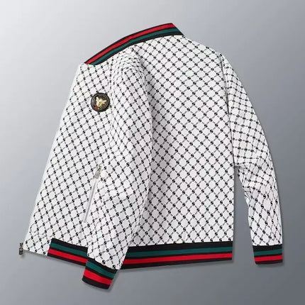 Men's Geometric Print Bomber Jacket Contrast Stripe Zip Up Varsity Baseball Coat