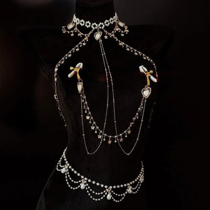 Pearl Heart-Shaped Nipple Clip Body Chain Collar Rhinestone Butterfly Pendant Chest Restraints Sexy Accessories for Women Sextoy