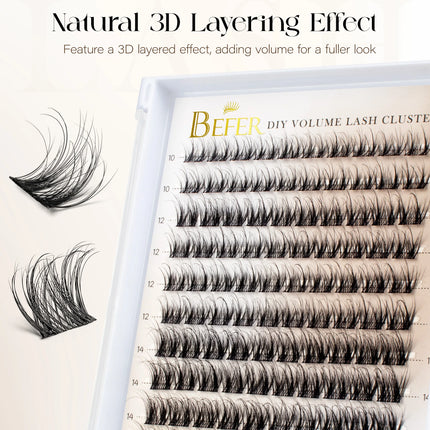 Befer 144pcs Lash Clusters 3D Natural Fluffy Cluster Lashes DIY Lash Extension 10-16mm Hight Quality Soft Super Thin Band Makeup