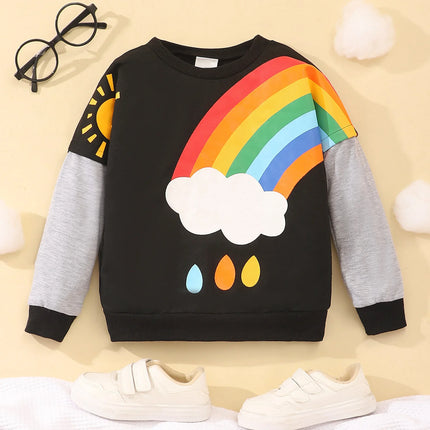 2024 Autumn Winter Boys and Girls Top Children Wear Long Sleeve Rainbow Print Cartoon Children's Wear Hoodies 3 4 5 6 7 Years
