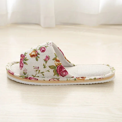 Four Season Linen Home Slippers Women Autumn Indoor Casual Floral Slides Couples House Non-slip Sandals Adults Cartoon Cat Shoes