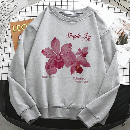 Retro Floral Gothic Womens Solid Hoodies Basic Warm Fleece Sweatshirt Soft Y2k O-Neck Pullover Casual Female Clothes