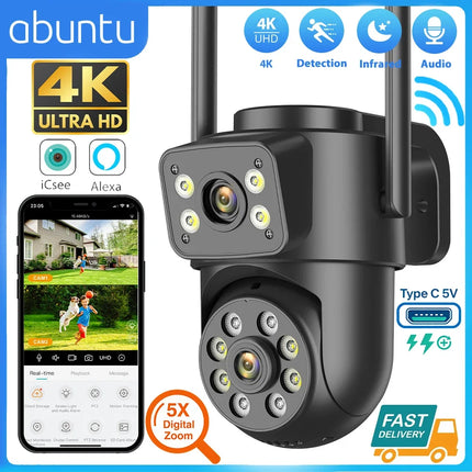 Dual Screen WiFi Security Camera 4K 8MP Dual Lens Surveillance Camera Human Detection Night Vision 5X Zoom Home Outdoor Security