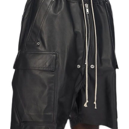 Mauroicardi Summer Cool Handsome Casual Soft Black Pu Leather Straight Shorts for Men Elastic Waist Drawstring Clothes 2023