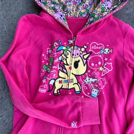 Retro Harajuku Top Unicorn Print Zipper Hoodie Women's Hip Hop High Street Versatile Cartoon Pattern Hoodie Casual Streetwear