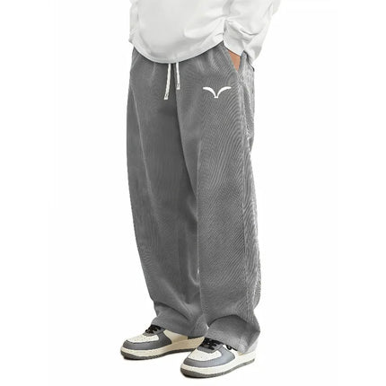 Comfort Mens Corduroy Wide Leg Trousers Wing Symbol Print Drawstring Waist Lightweight Casual Pants Double Side Pockets
